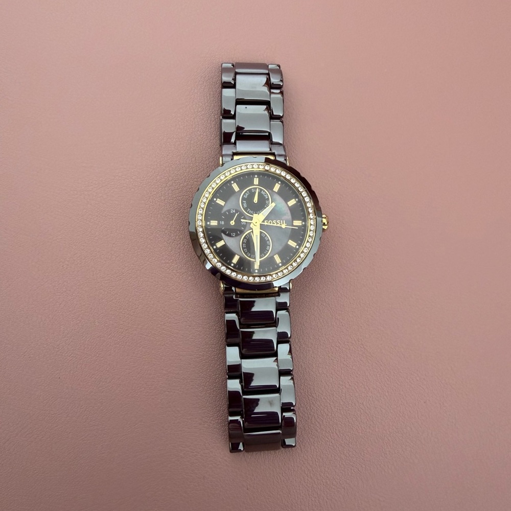Fossil Ceramic Brown and Gold Women's Watch with Swarovski crystals.